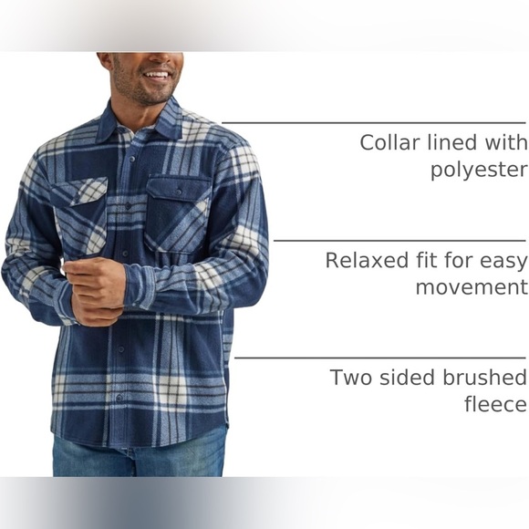 Wrangler Authentics Men's Long Sleeve Heavyweight Fleece Shirt in Total Eclipse - Picture 2 of 8